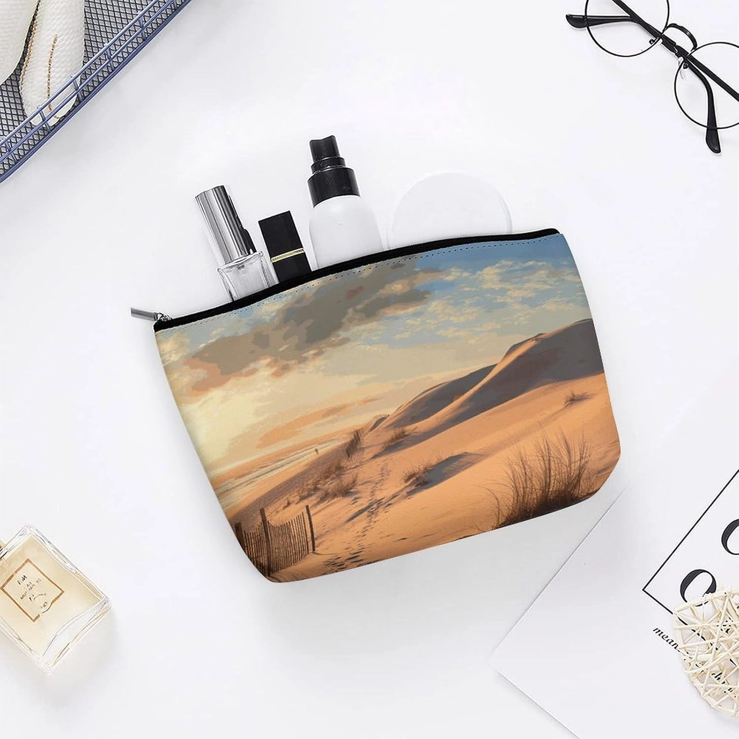 Portable Small Cosmetic Bag Cute Travel Makeup Bag Sand Dunes Waterproof Toiletry Bag for Women