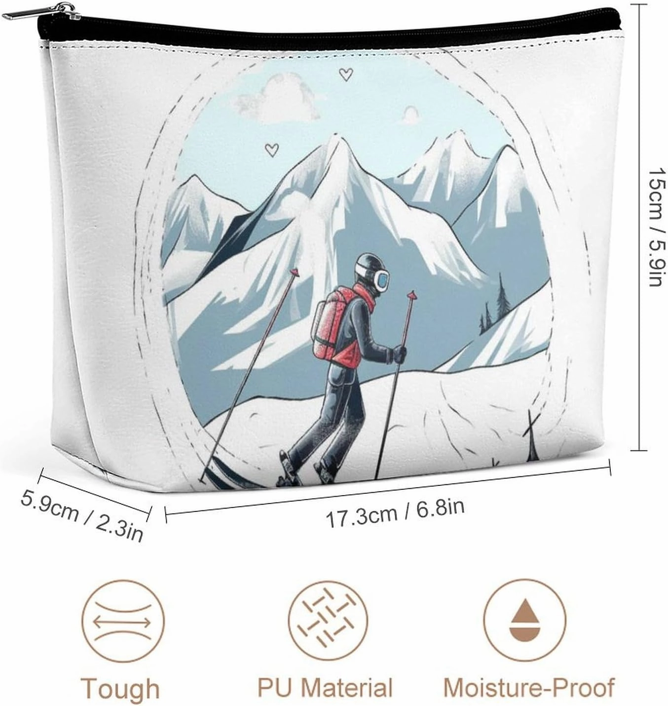 Portable Small Cosmetic Bag Cute Travel Makeup Bag Skiing Theme Waterproof Toiletry Bag for Women