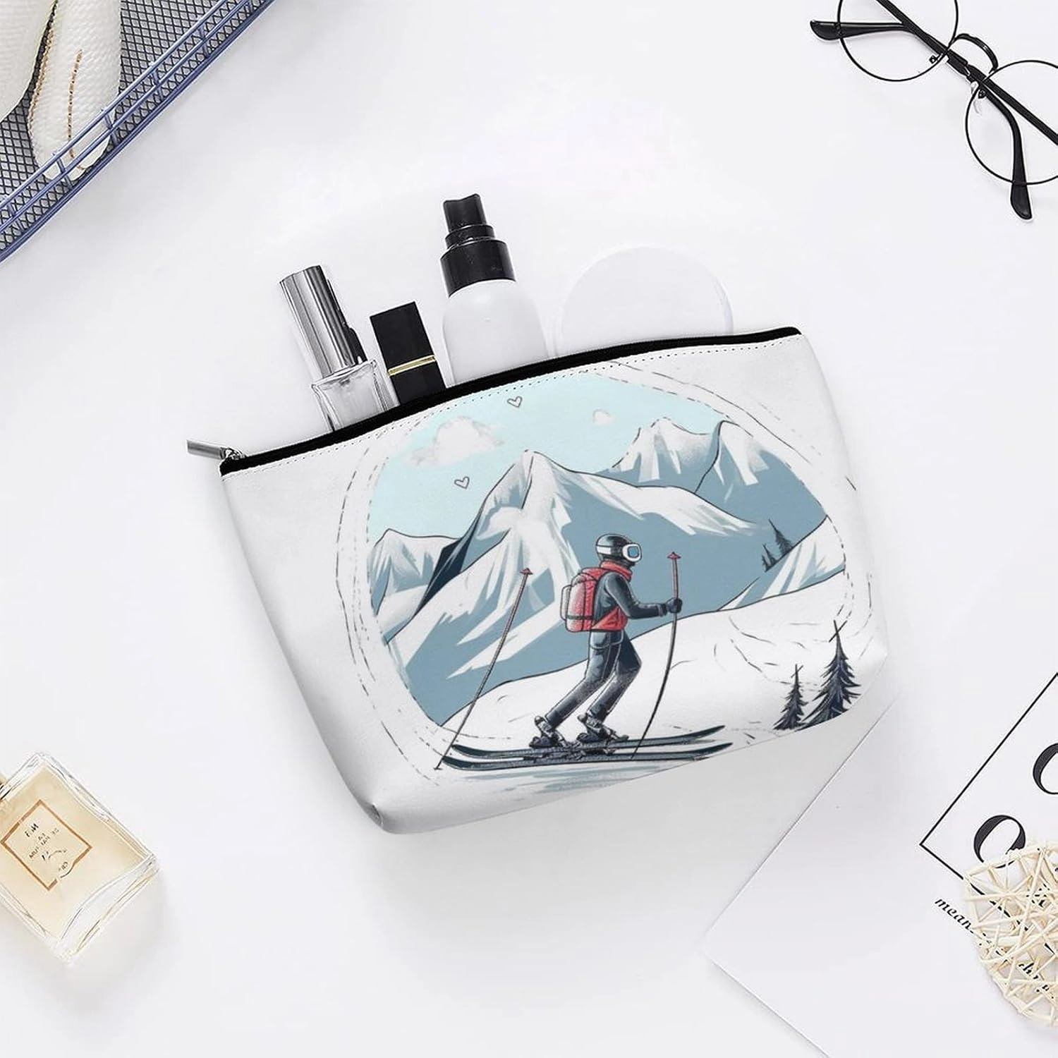Portable Small Cosmetic Bag Cute Travel Makeup Bag Skiing Theme Waterproof Toiletry Bag for Women