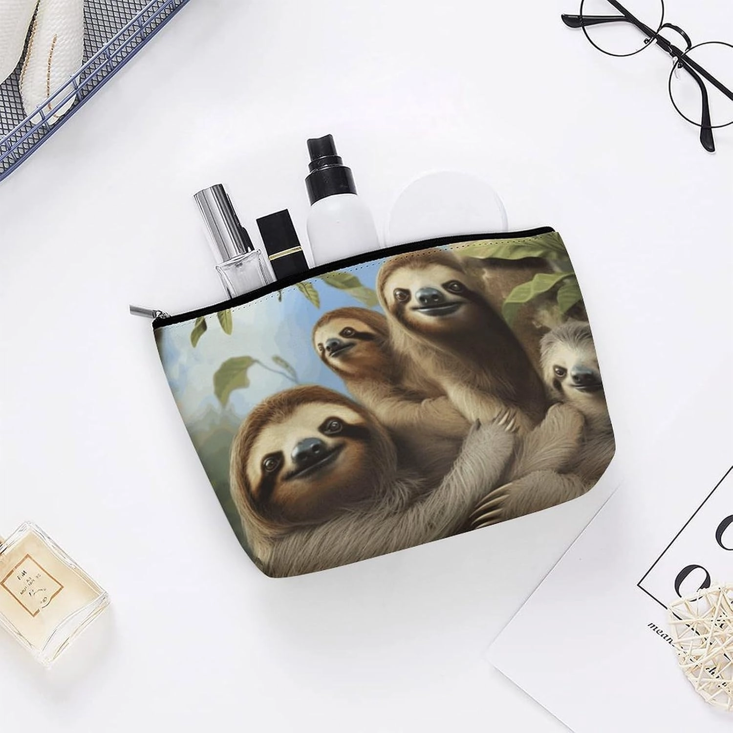 Portable Small Cosmetic Bag Cute Travel Makeup Bag Sloth Family Waterproof Toiletry Bag for Women