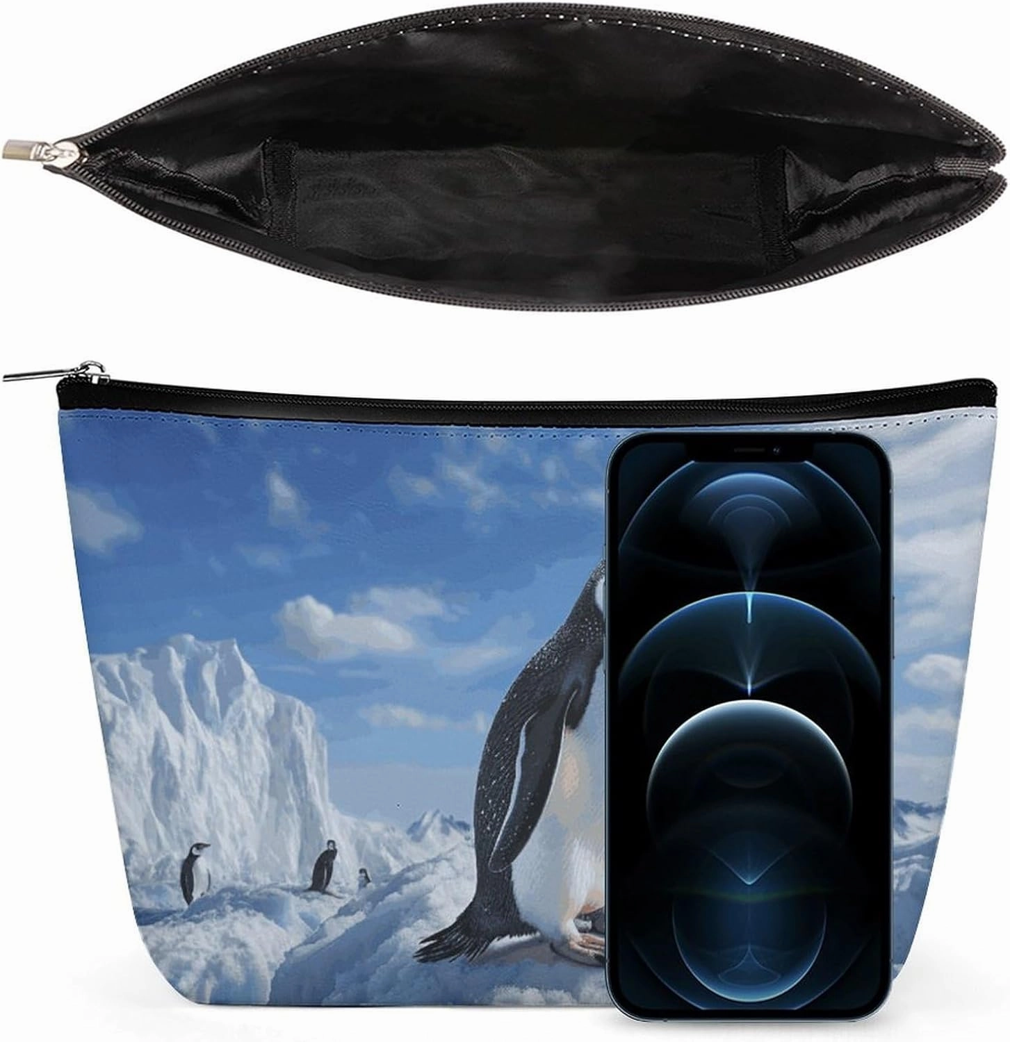 Portable Small Cosmetic Bag Cute Travel Makeup Bag Snow Mountain Penguin Waterproof Toiletry Bag for Women