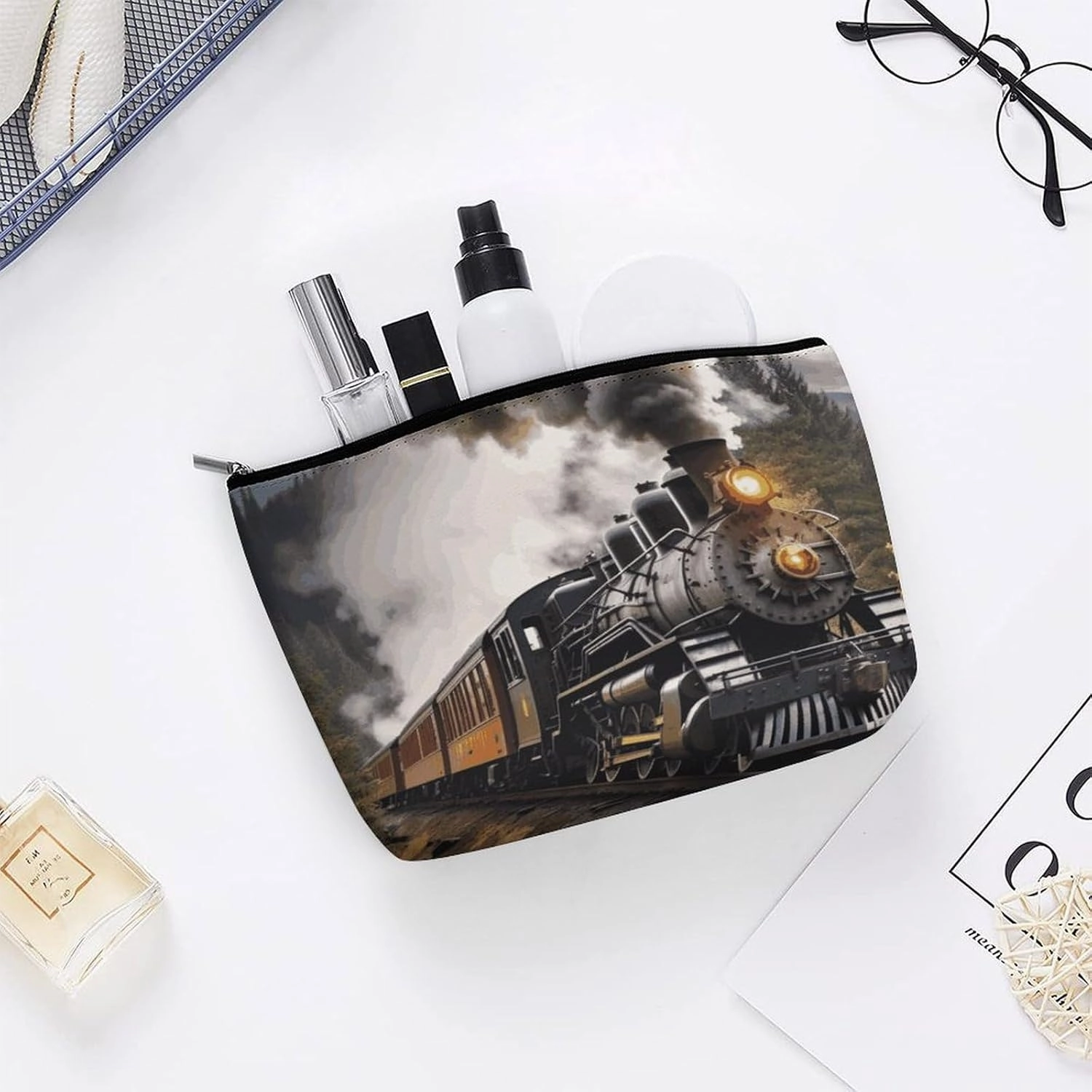 Portable Small Cosmetic Bag Cute Travel Makeup Bag Steam Train Waterproof Toiletry Bag for Women