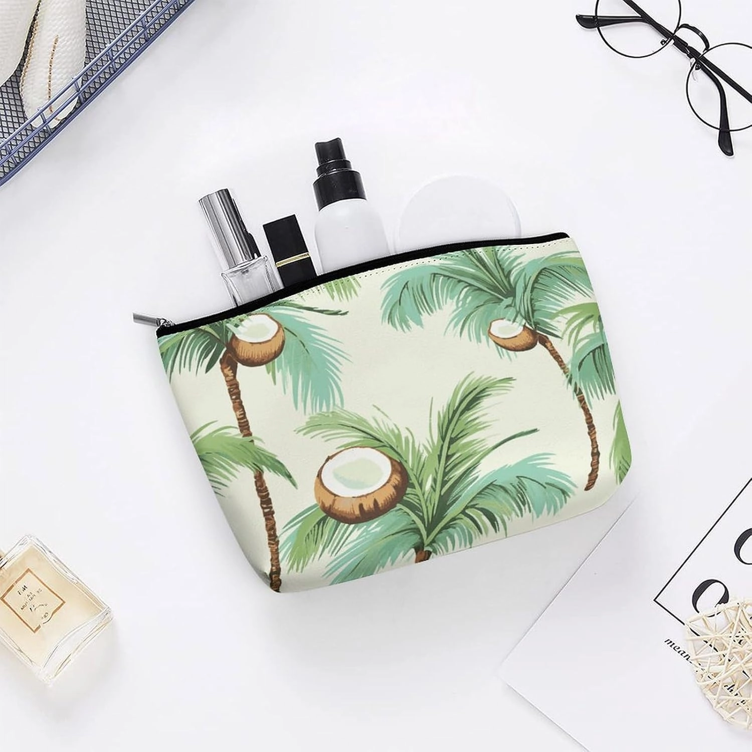 Portable Small Cosmetic Bag Cute Travel Makeup Bag Summer Coconut Tree Waterproof Toiletry Bag for Women