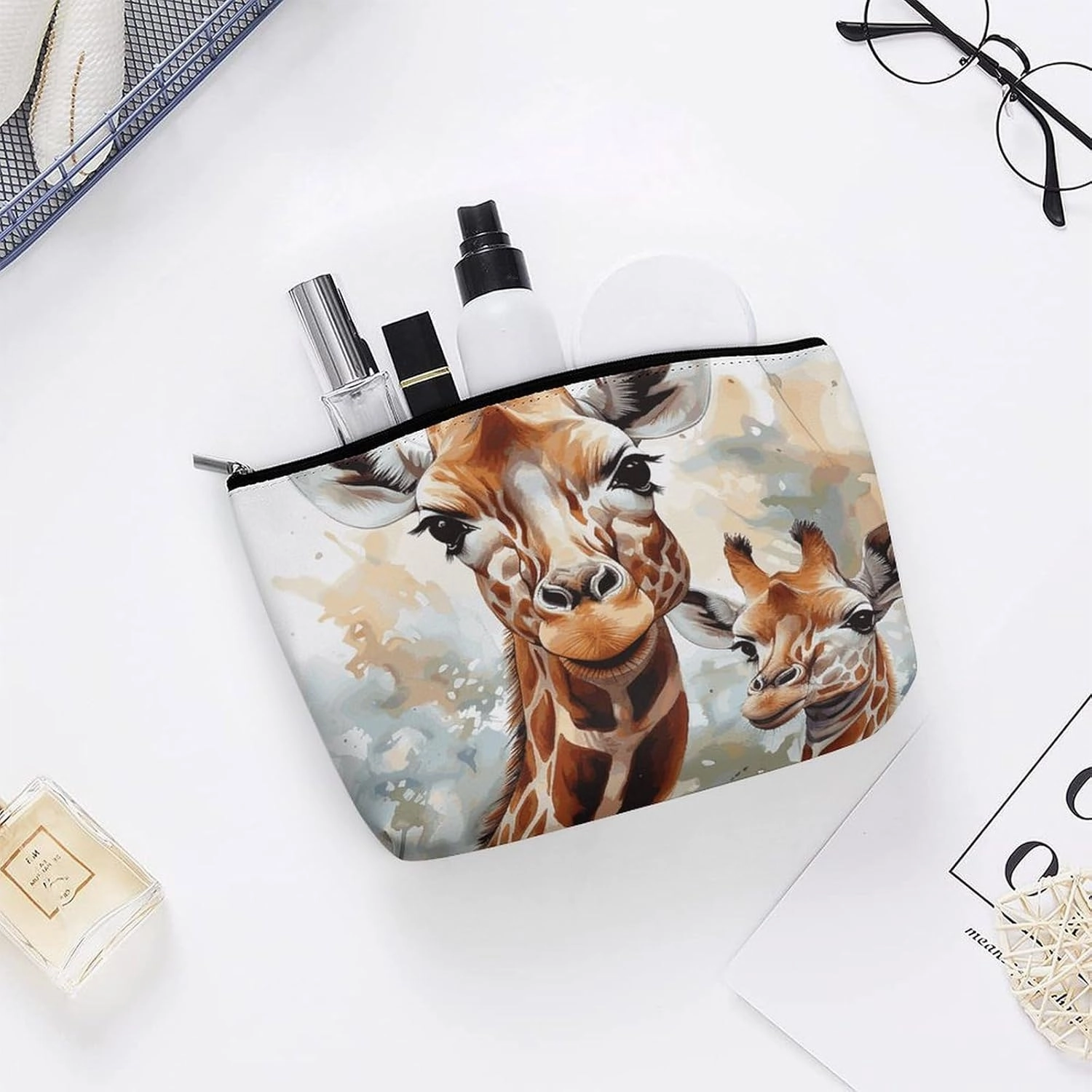 Portable Small Cosmetic Bag Cute Travel Makeup Bag Watercolor Deer Giraffe Waterproof Toiletry Bag for Women