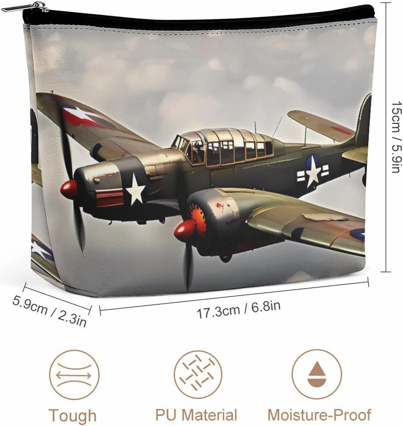 Portable Small Cosmetic Bag Cute Travel Makeup Bag World War 2 Aircraft Airplane Waterproof Toiletry Bag for Women