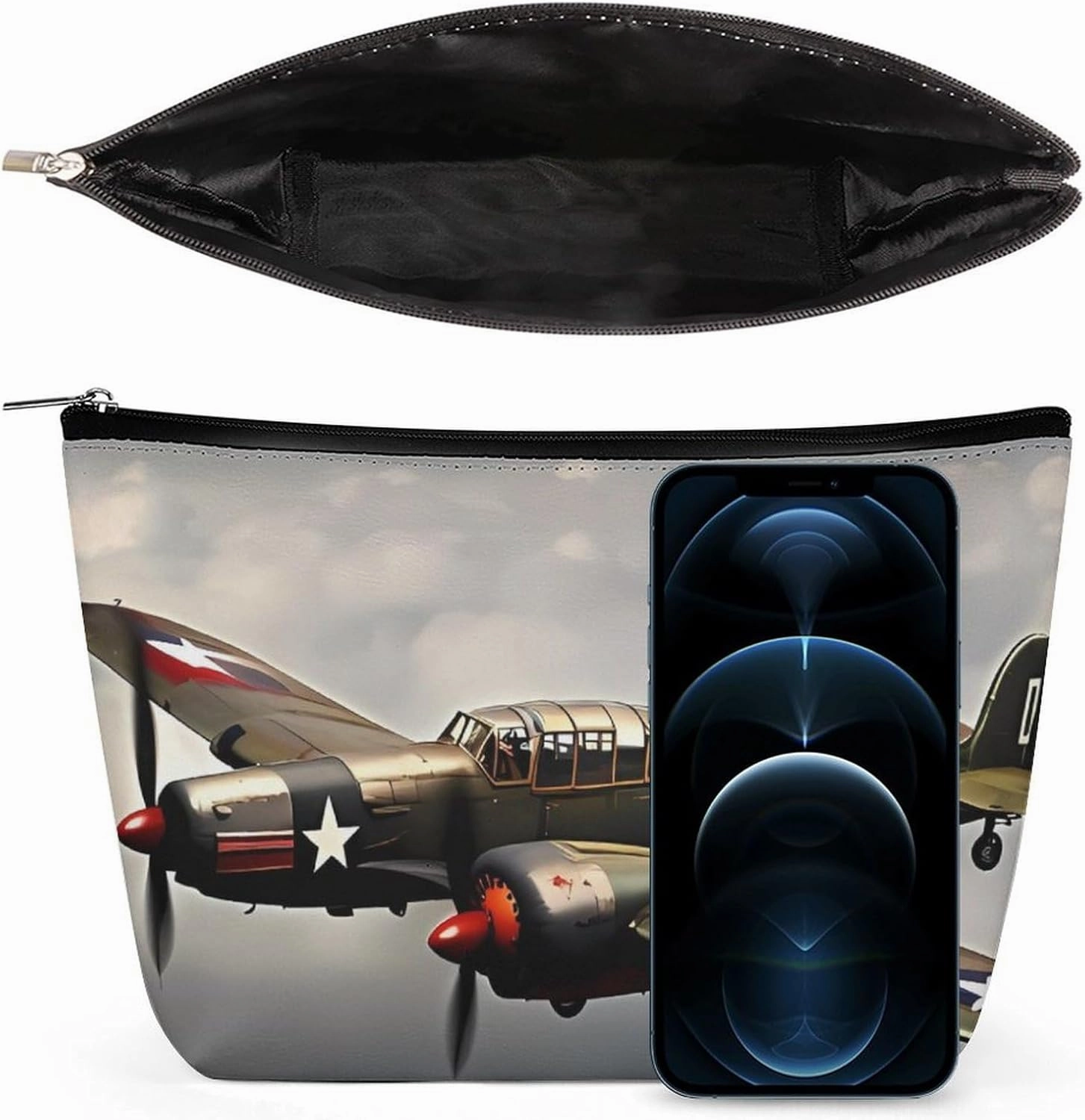Portable Small Cosmetic Bag Cute Travel Makeup Bag World War 2 Aircraft Airplane Waterproof Toiletry Bag for Women