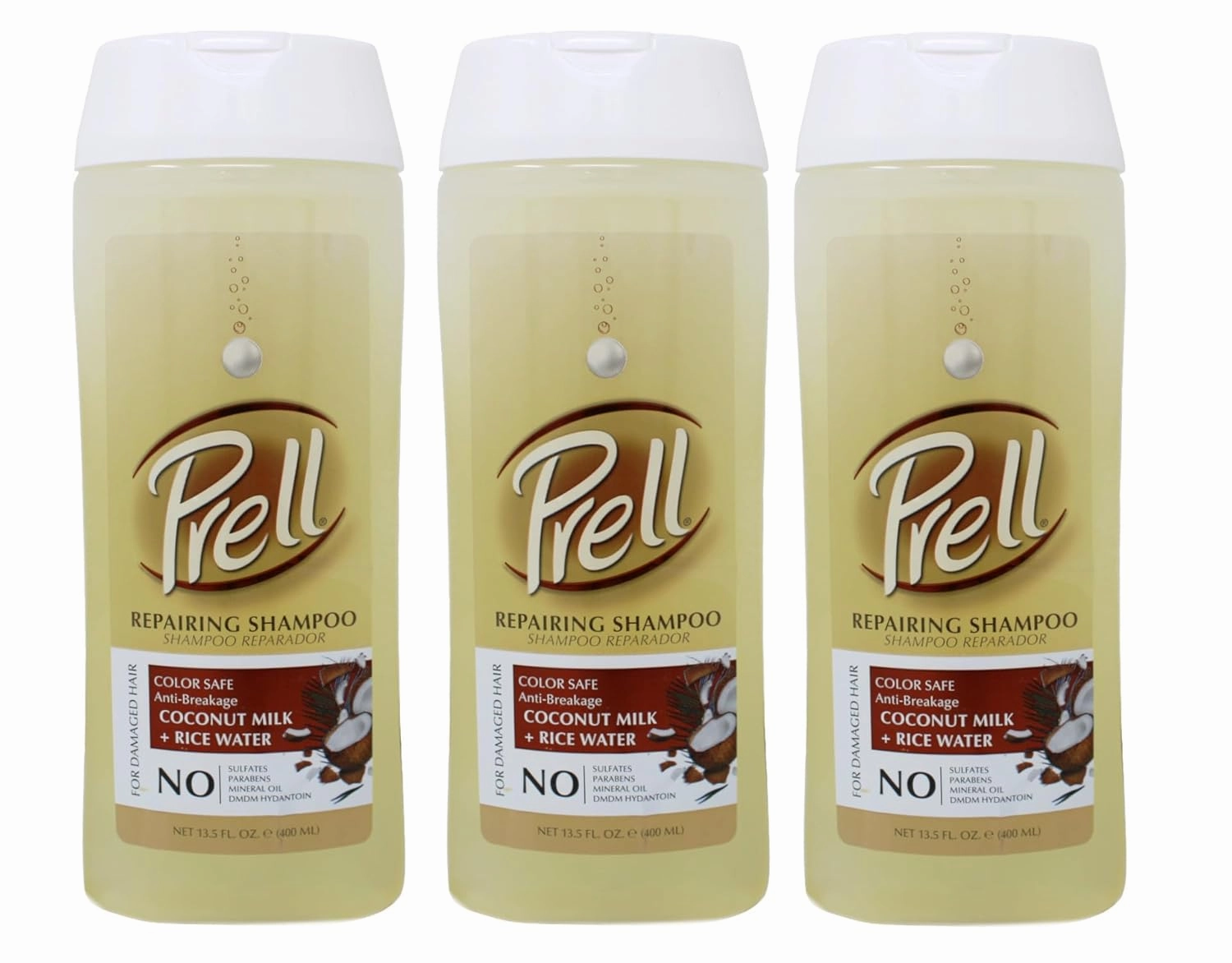 Prell Coconut Milk   Rice Water Color Safe Anti-Breakage Repairing Shampoo for Damaged Hair, 13.5 fl.oz (Pack of 3)