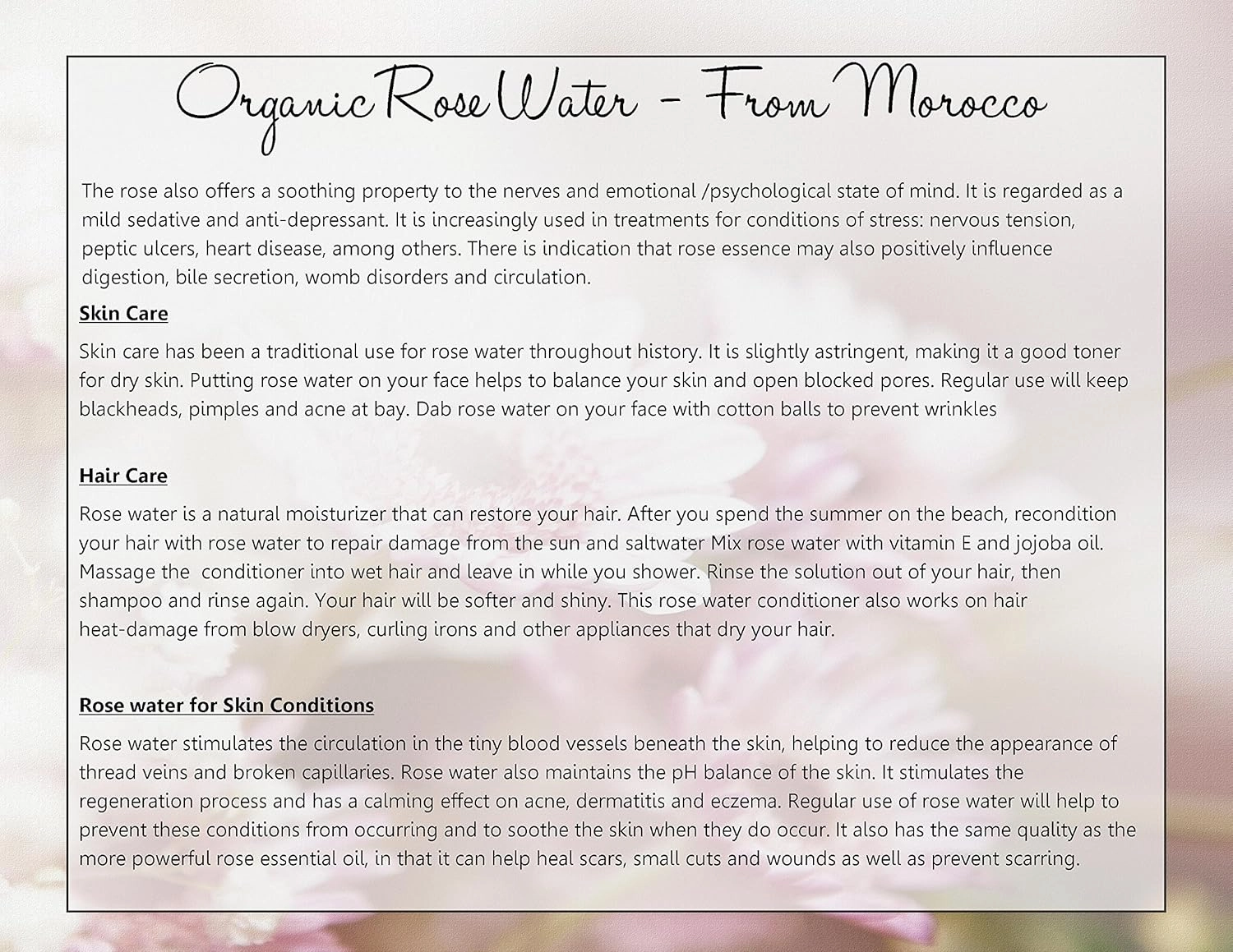 Premium Organic Moroccan Rose Water - 8oz w/Sprayer - Imported from Morocco - 100% Pure (Food Grade) No Oils or Alcohol. Perfect for Reviving, Hydrating & Rejuvenating Your Face & Neck