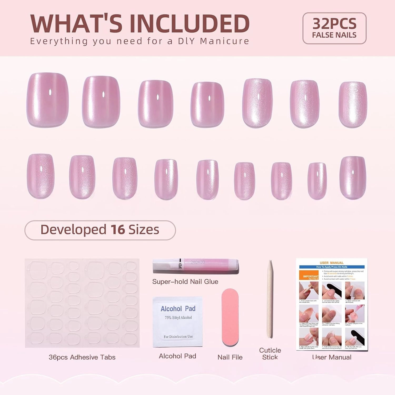 Press On Nails Short Square - Soft Gel Press on Nails Light Pink Fake Nail Solid Colour False Nails Fit Perfectly Reusable Glossy Glue On Nails in 16 Sizes, Stick on Nails for Women Girls 32Pcs
