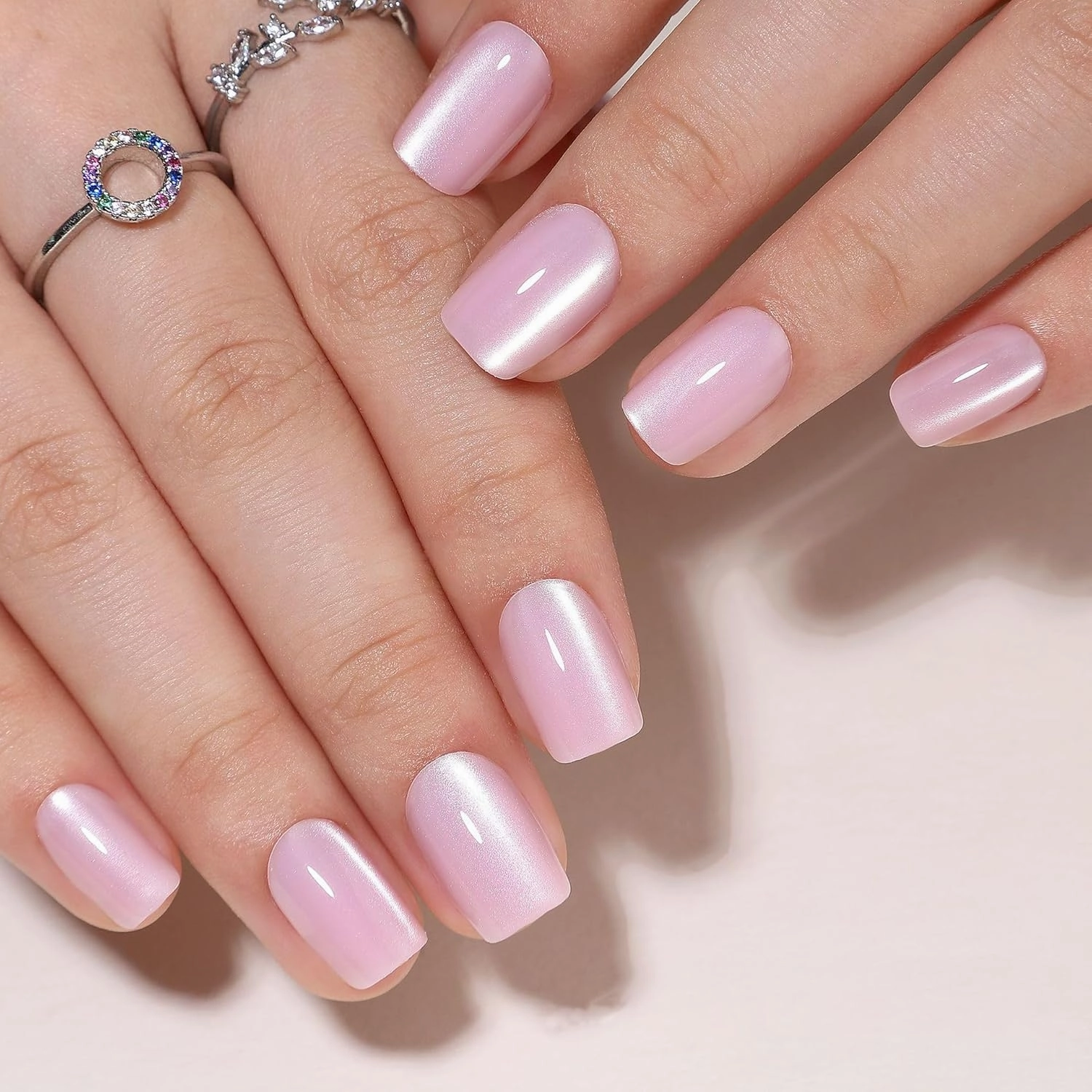 Press On Nails Short Square - Soft Gel Press on Nails Light Pink Fake Nail Solid Colour False Nails Fit Perfectly Reusable Glossy Glue On Nails in 16 Sizes, Stick on Nails for Women Girls 32Pcs