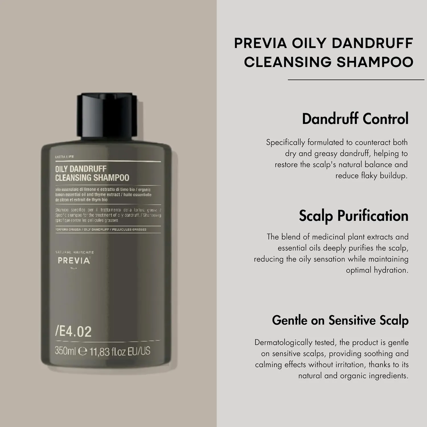 PREVIA Extralife Oily Dandruff Cleansing Shampoo | Natural Ingredients for Scalp Balance | Paraben Free, Vegan, Cruelty-Free, Dermatologically Tested | 11.83 oz