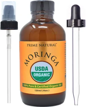 PRIME NATURAL Organic Moringa Oil USDA Certified, 100% Pure, Cold Pressed, Virgin, Unrefined Oil (4oz /120ml) - Joints, Skin, Face, Body & Hair - Vegan - Food Grade - Natural Moisturizer