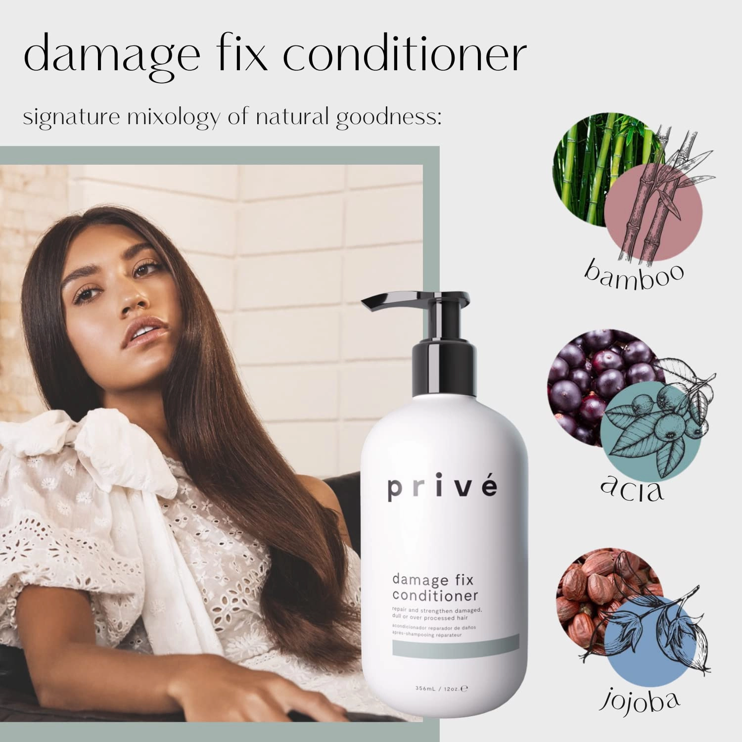 Privé Damage Fix Hair Conditioner for Damaged Dry Hair - Hydrating Conditioner for Women - Repair Treatment with Jojoba, Baobab & Kukui Oil to Help Rebuild Elasticity & Restore Softness