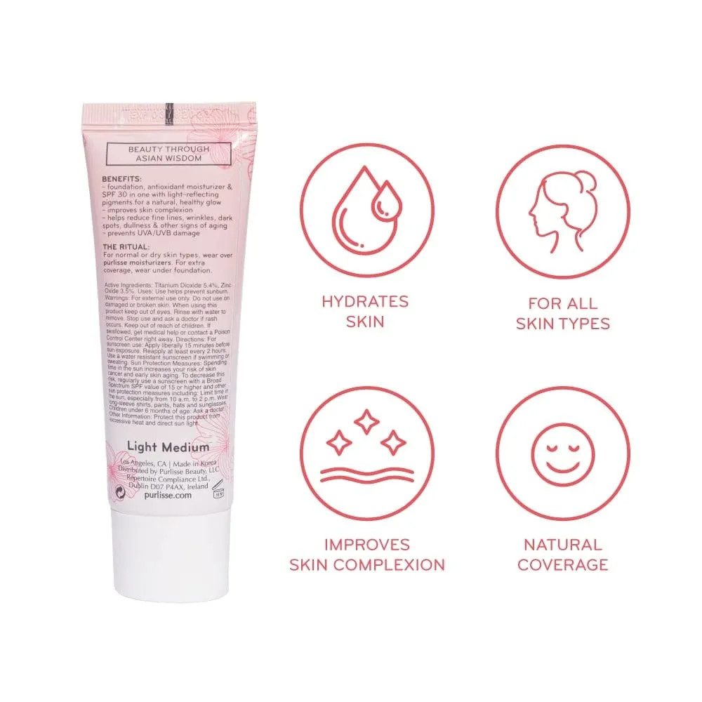 pūrlisse Radiant Glow Illuminating BB Cream with SPF 30 - Glow BB Cream Enriched with Goji & Hawthorn Berry for Dewy Skin - Helps to Improve Skin Texture & Radiance - Light Medium (1.4 oz)