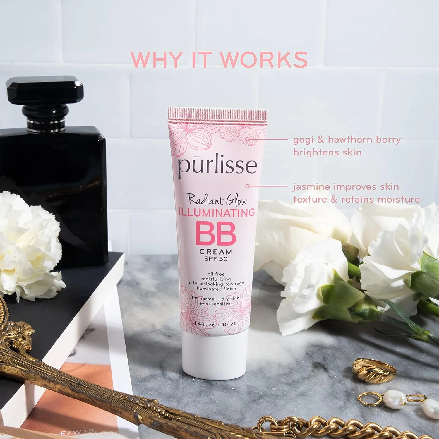pūrlisse Radiant Glow Illuminating BB Cream with SPF 30 - Glow BB Cream Enriched with Goji & Hawthorn Berry for Dewy Skin - Helps to Improve Skin Texture & Radiance - Medium (1.4 oz)