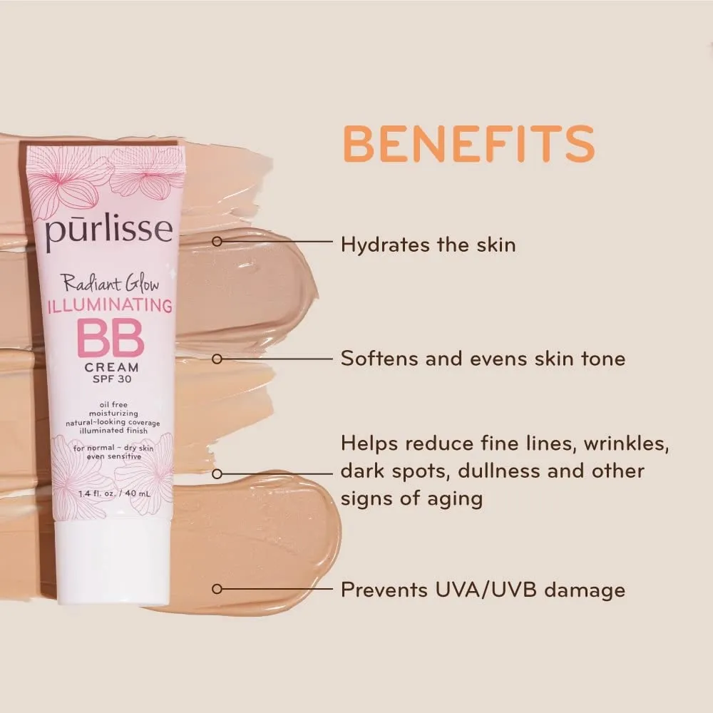 pūrlisse Radiant Glow Illuminating BB Cream with SPF 30 - Glow BB Cream Enriched with Goji & Hawthorn Berry for Dewy Skin - Helps to Improve Skin Texture & Radiance - Medium (1.4 oz)
