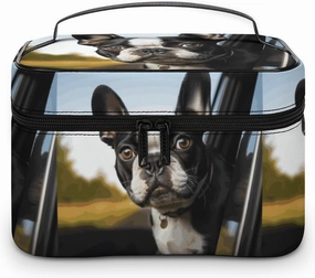 Puppy Dog Boston Terrier Makeup Bag, Cosmetic Organizer Case Large Portable Capacity Make Up Bags Women Travel Toiletry Bags with Handle And Divider