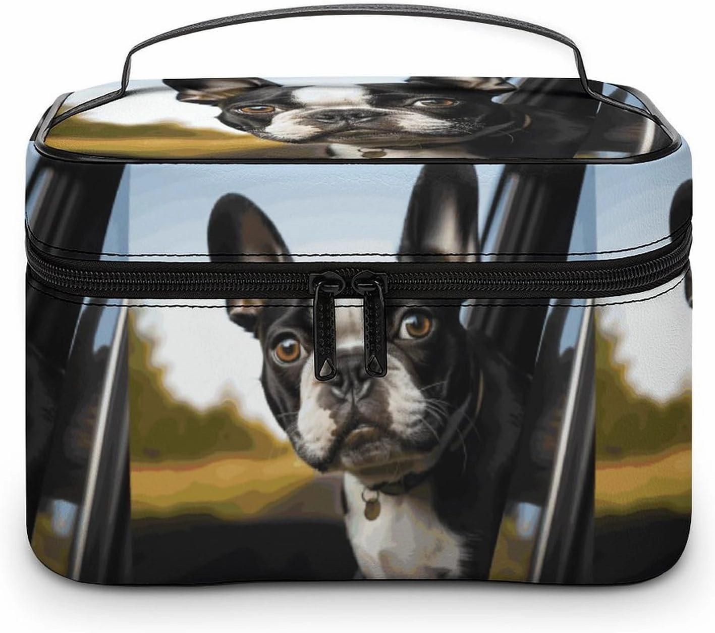 Puppy Dog Boston Terrier Makeup Bag, Cosmetic Organizer Case Large Portable Capacity Make Up Bags Women Travel Toiletry Bags with Handle And Divider
