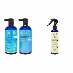 PURA D'OR Scalp Therapy Shampoo & Conditioner Set(16 fl oz x 2)   Argan Oil Heat Shield Protectant Spray(8oz) For Dry Scalp, Frizzy Hair