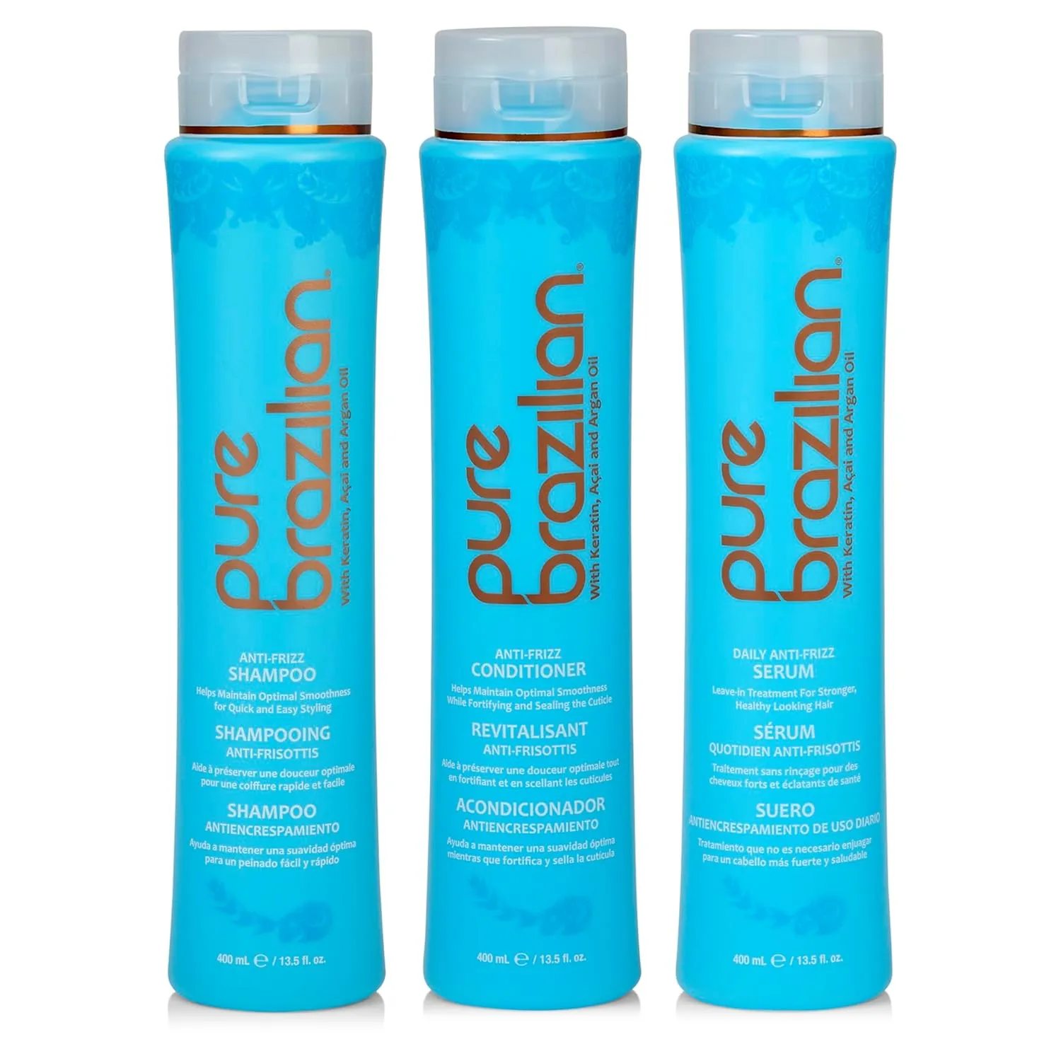 Pure Brazilian Anti-Frizz 3-Piece Kit: Hydrating Shampoo, Nourishing Conditioner & Restorative Serum, Enriched with Keratin and Argan Oil for Smooth, Silky Hair - Complete Haircare Set