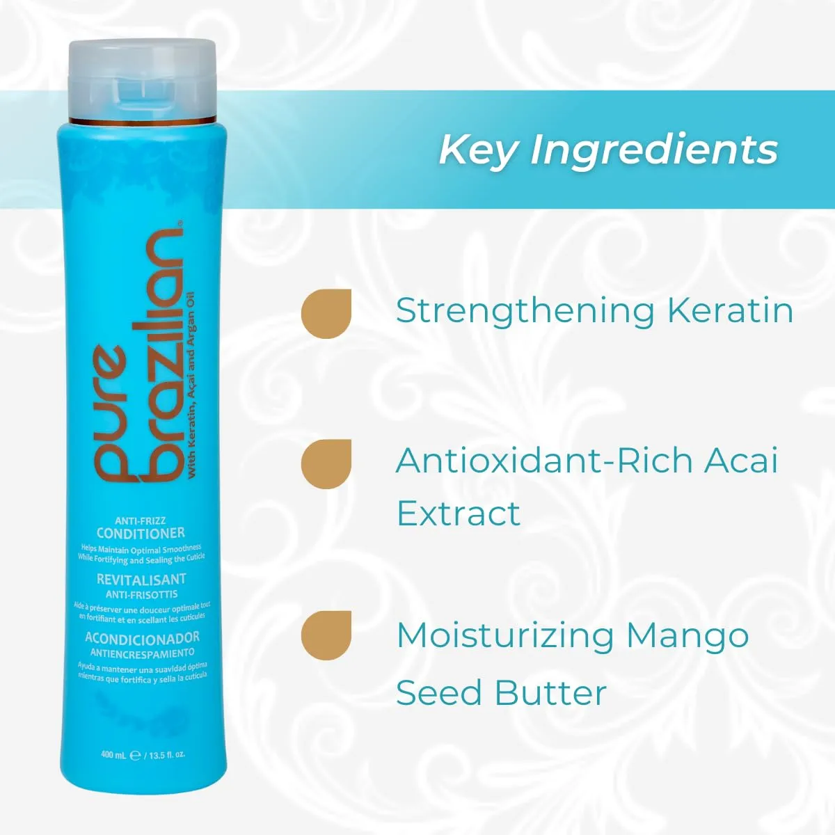 Pure Brazilian Anti-Frizz Daily Conditioner with Keratin & Acai, Smoothing & Strengthening for Shinier, Frizz-Free Hair, 13.5 Oz