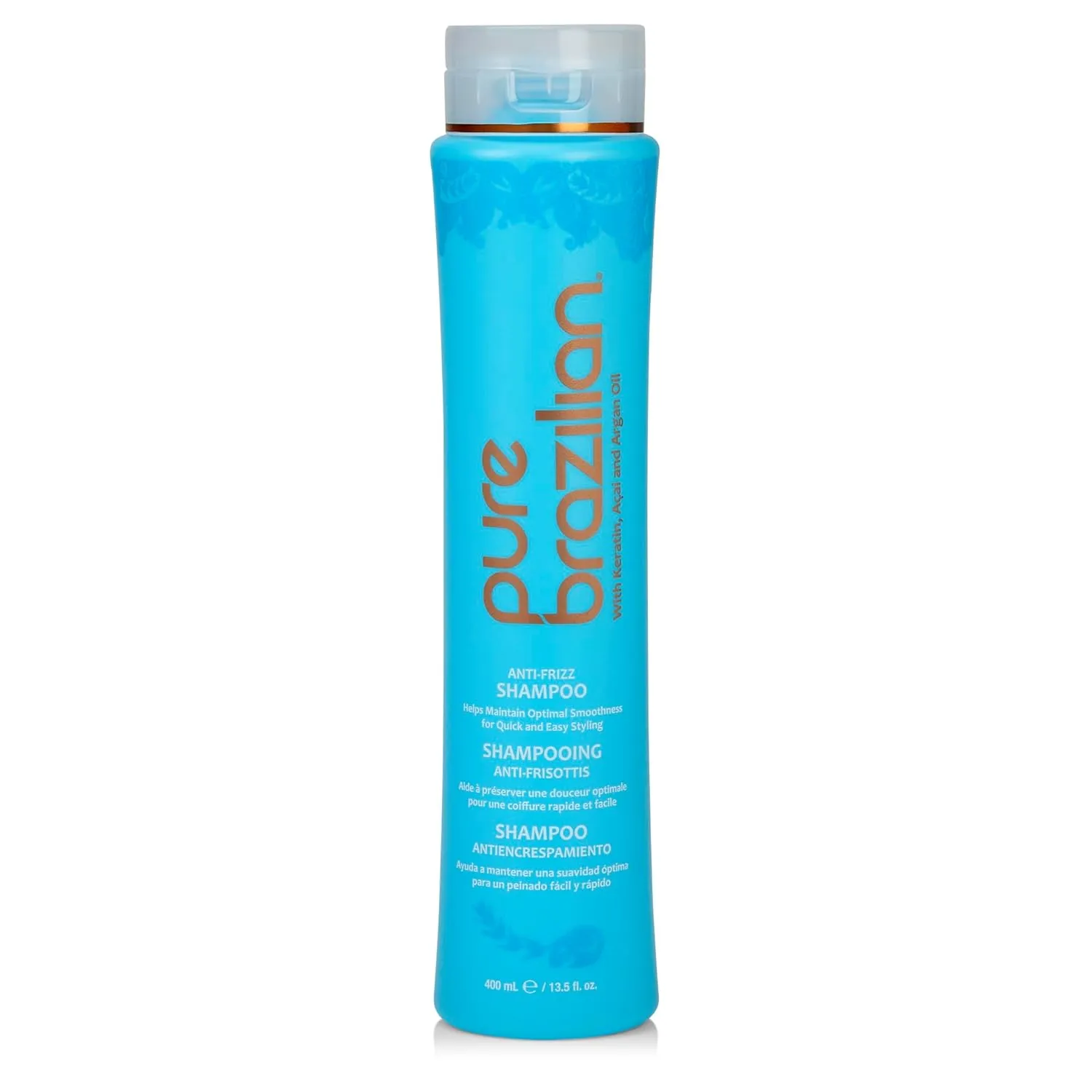 Pure Brazilian Anti-Frizz Daily Shampoo, Salt-Free, Color Safe, with Keratin, Argan Oil & Acai for Prolonged Treatment & Smooth Hair, 13.5 Oz