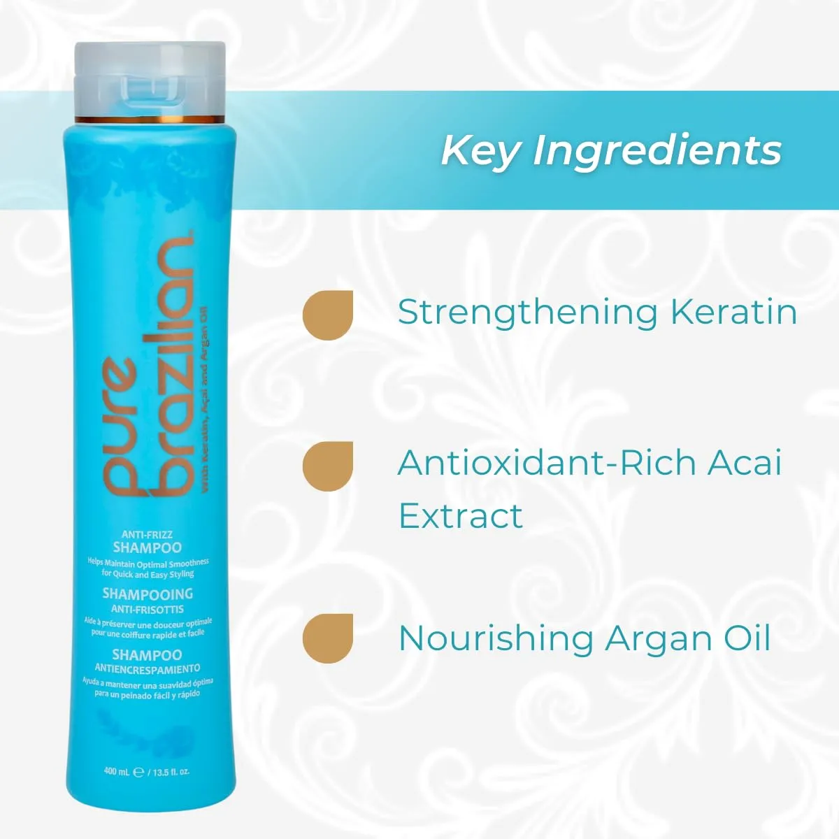 Pure Brazilian Anti-Frizz Daily Shampoo, Salt-Free, Color Safe, with Keratin, Argan Oil & Acai for Prolonged Treatment & Smooth Hair, 13.5 Oz