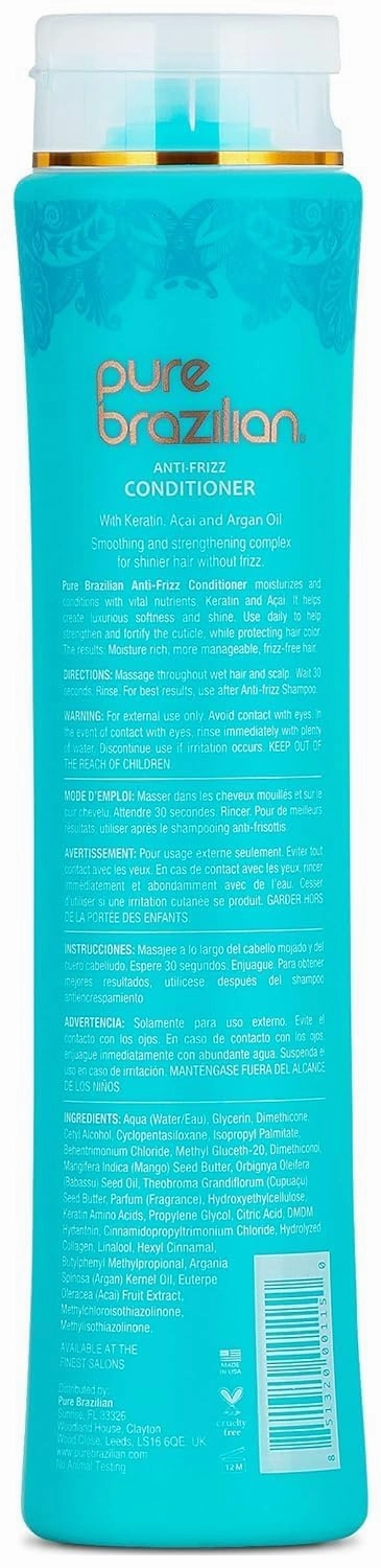 Pure Brazilian Anti-Frizz Daily Conditioner with Keratin & Acai, Smoothing & Strengthening for Shinier, Frizz-Free Hair, 13.5 Oz (Pack of 2