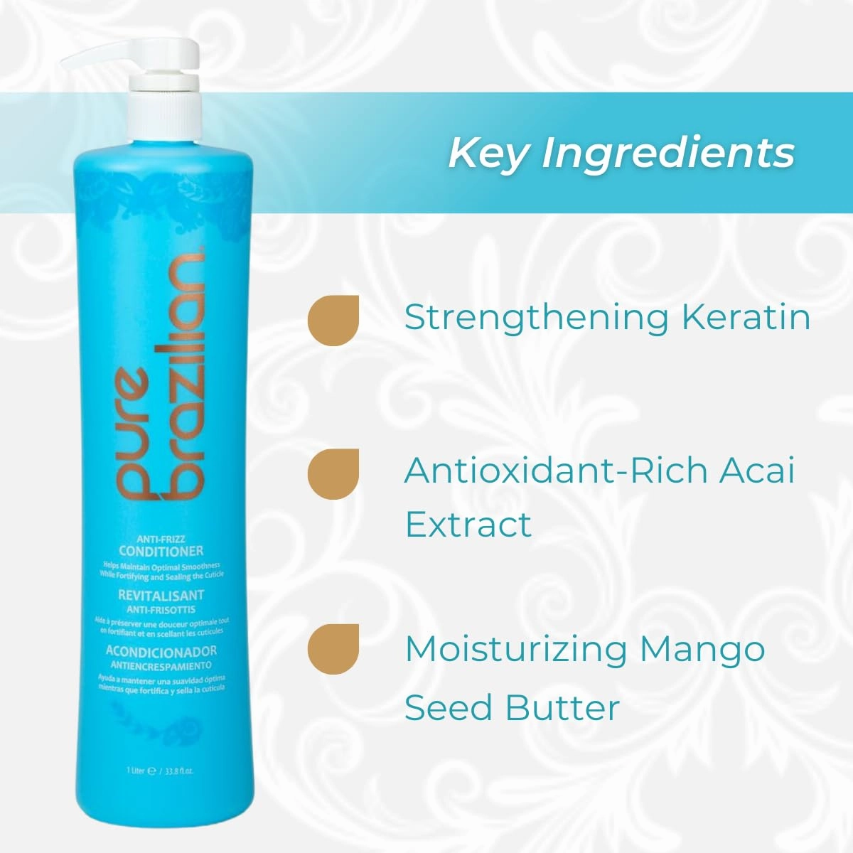 Pure Brazilian Anti-Frizz Daily Conditioner with Keratin & Acai, Smoothing & Strengthening for Shinier, Frizz-Free Hair, 33.8 Oz