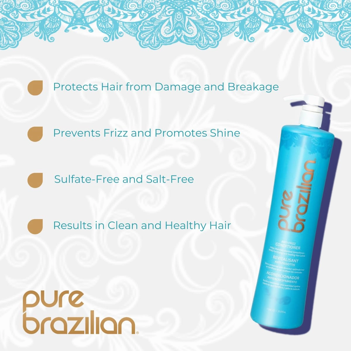 Pure Brazilian Anti-Frizz Daily Conditioner with Keratin & Acai, Smoothing & Strengthening for Shinier, Frizz-Free Hair, 33.8 Oz