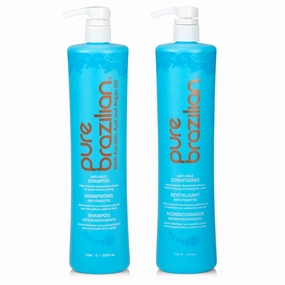 Pure Brazilian Anti-Frizz Daily Shampoo & Conditioner, Salt-Free & Color Safe, Enriched with Keratin, Argan Oil & Acai, 1 Liter (33.8 Fl Oz)