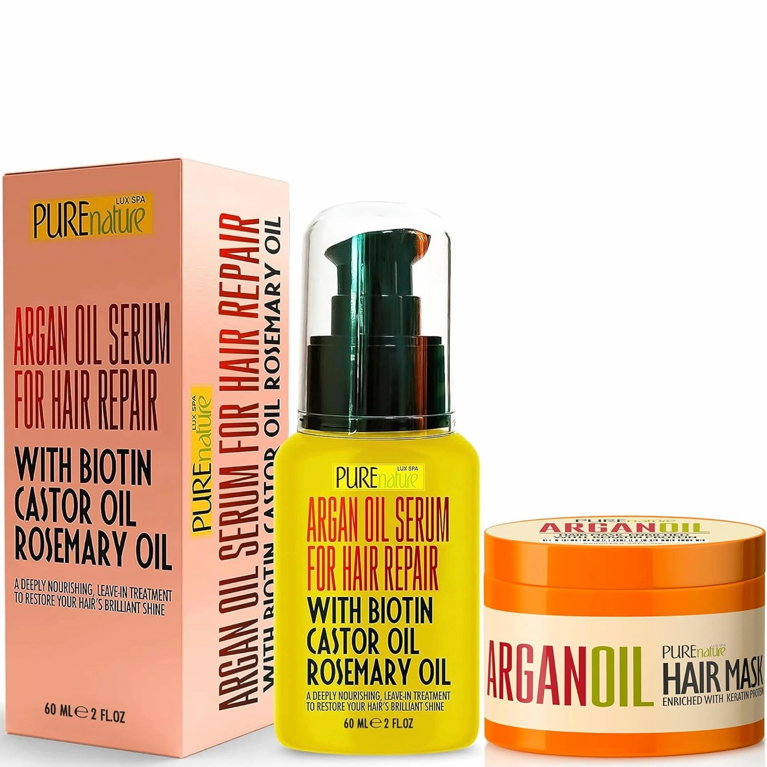 PURE NATURE Lux Spa Hair Mask and Serum with Moroccan Argan, Biotin, Castor, Rosemary Oil