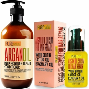 PURE NATURE Lux Spa Moroccan Argan Oil Conditioner and Hair Serum with Biotin, Castor , Rosemary - Deep Hydration, Thermal Protection, Sulfate Free, For Dry, Frizzy, Damaged Hair