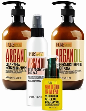 PURE NATURE Lux Spa Moroccan Argan Oil Shampoo and Conditioner Set, Heat Protectant Spray, Hair Serum with Keratin, Biotin, Rosemary & Castor Oil for Hair Protection, Repair and Shine (3 Count)
