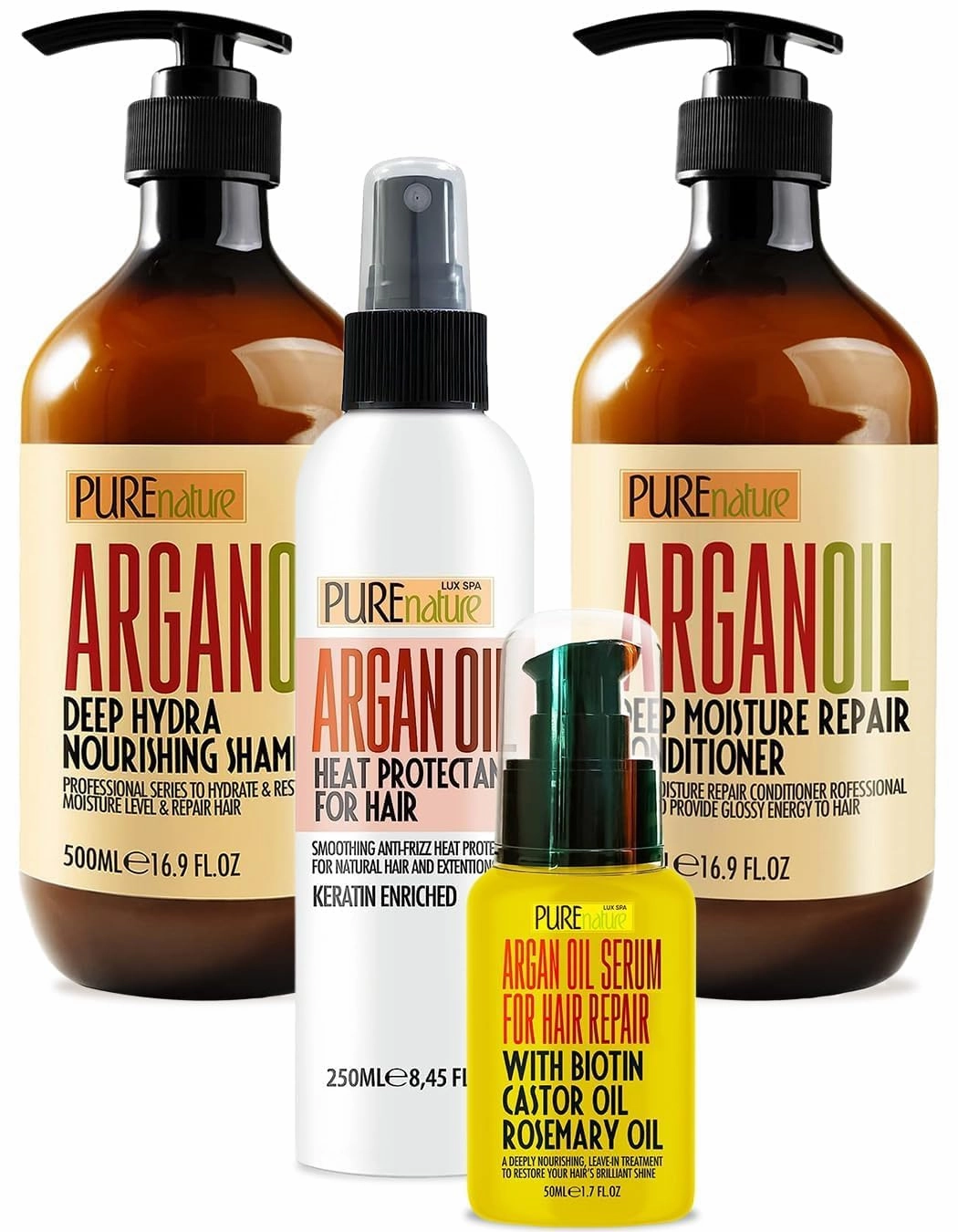PURE NATURE Lux Spa Moroccan Argan Oil Shampoo and Conditioner Set, Heat Protectant Spray, Hair Serum with Keratin, Biotin, Rosemary & Castor Oil for Hair Protection, Repair and Shine (3 Count)