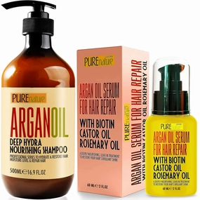 PURE NATURE Lux Spa Moroccan Argan Oil Shampoo and Hair Serum with Biotin, Castor and Rosemary Oils - Deep Clean, Smooth Flyaways, Salon Grade, Sleeker, Thermal Protection