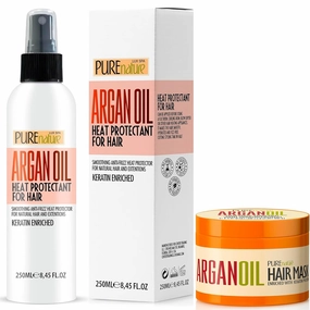 PURE NATURE Moroccan Argan Oil Hair Mask and Heat Protectant Spray with Keratin for Dry, Damaged Hair - Sulfate Free, Paraben Free, Cruelty Free