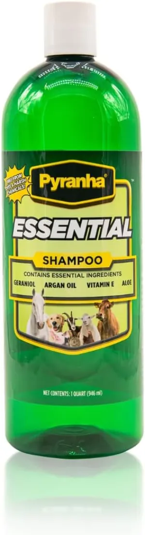 Pyranha Essential Shampoo - With Geraniol, Argain Oil, Vitamin E, Coconut Oil, and Aloe Vera - Die & Paraben Free, Long Lasting Smell, Biodegradable - Shampoo for Horse, Dogs, Cats, and more - 32 OZ