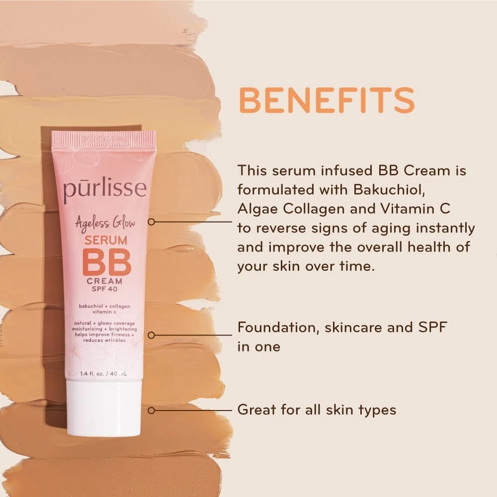 pūrlisse Ageless Glow Serum BB Cream SPF 40 - Glow BB Cream with SPF Enriched with Bakuchiol & Vitamin C to Help Improve Firmness & Reduce Wrinkles for Dewy Skin - Light Warm (1.4 oz)