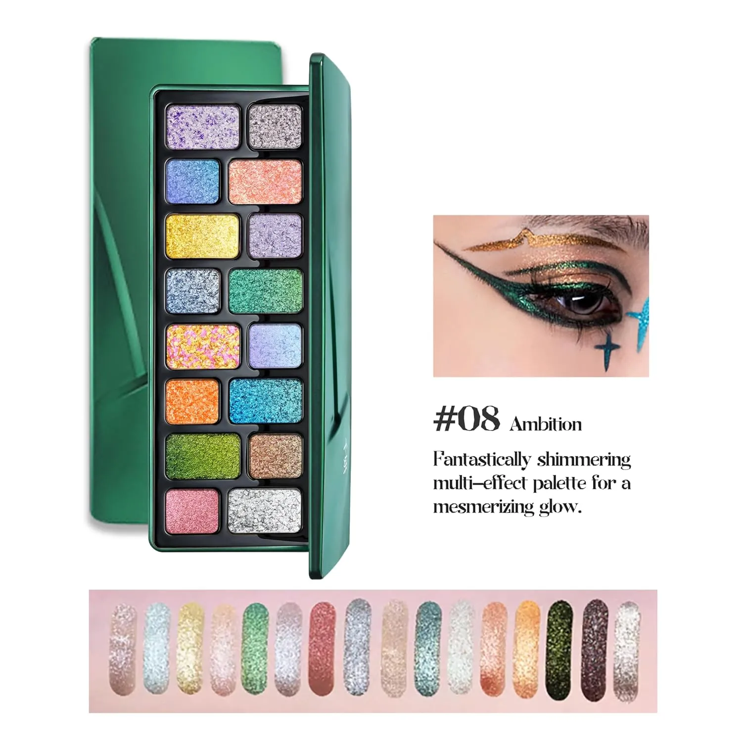 Qianyan Pro 16-Color All Shimmer Eyeshadow Palette - Metallic Pressed Powder with High-Pigmented Formula, Long-Lasting Shimmer Makeup (08 Ambition) | C-Beauty Must-Have