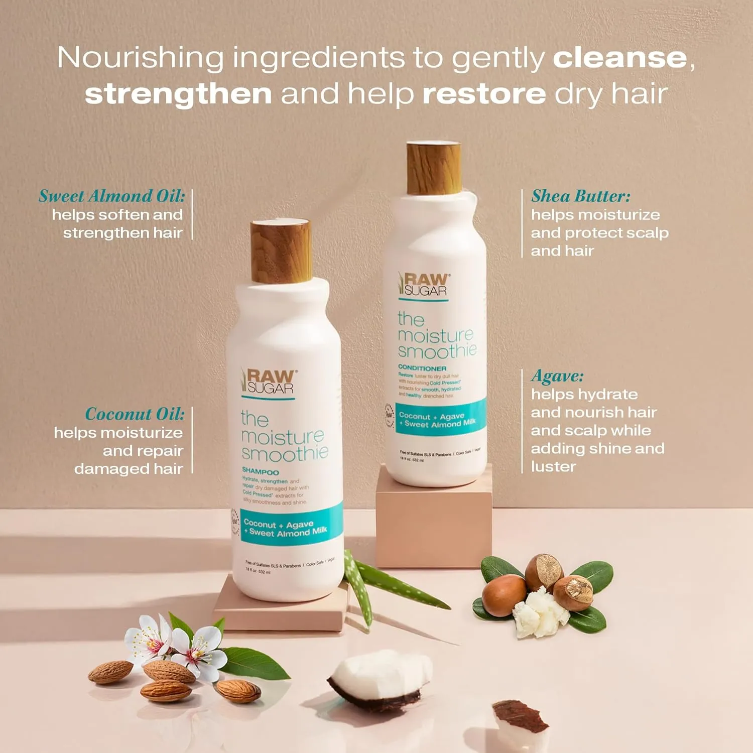 Raw Sugar Moisture Smoothie Shampoo and Conditioner with Coconut Oil, Agave, & Sweet Almond Milk, Hydrates & Nourishes Dry Hair, Formulated without Sulfates   Parabens