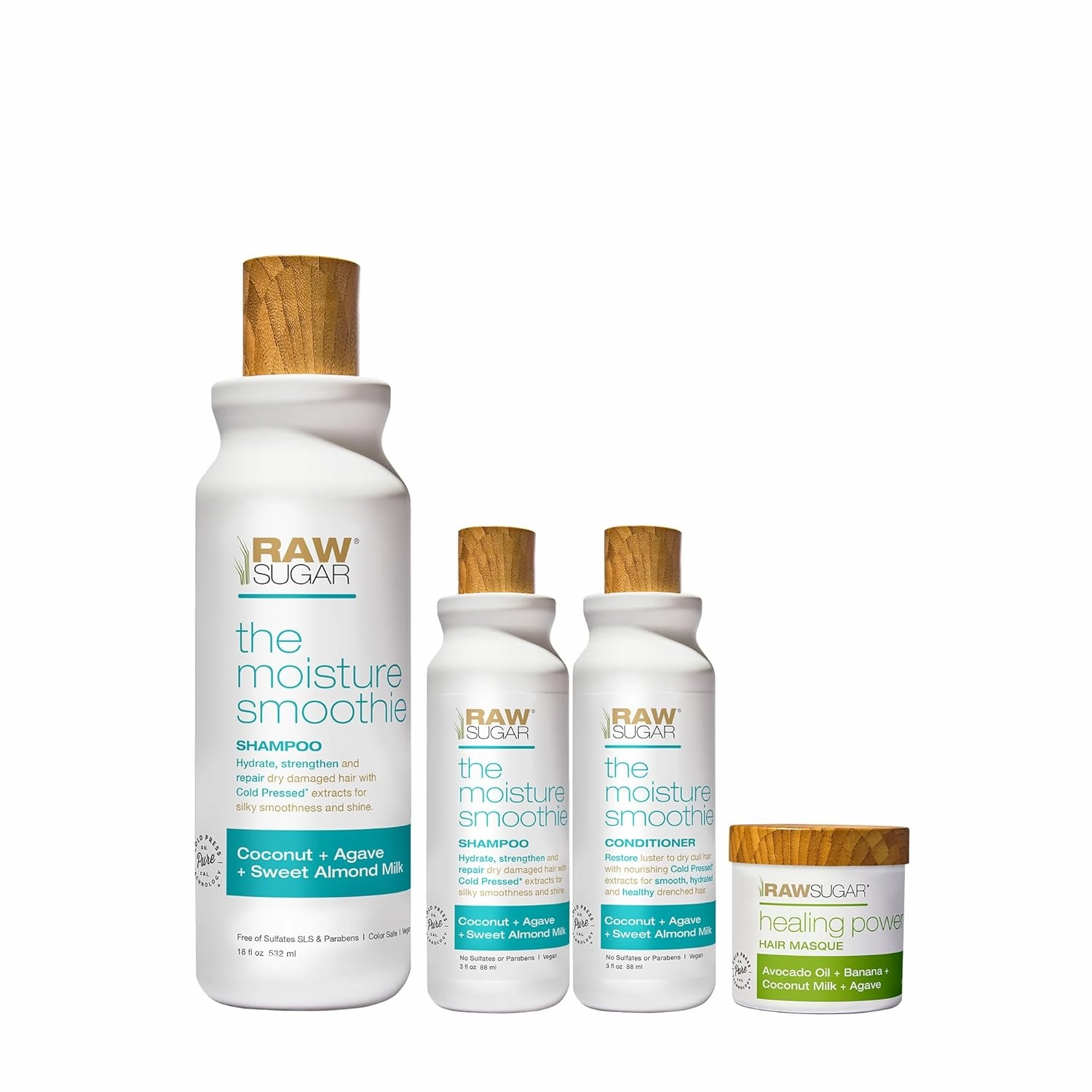 Raw Sugar The Moisture Smoothie Travel Bundle (Pack of 4) Travel Size Shampoo (3 oz) Conditioner (3 oz) Hair Mask (2.5 oz) & Shampoo (18 oz) Hydrates & Nourishes Dry Hair, Formulated Without Sulfates