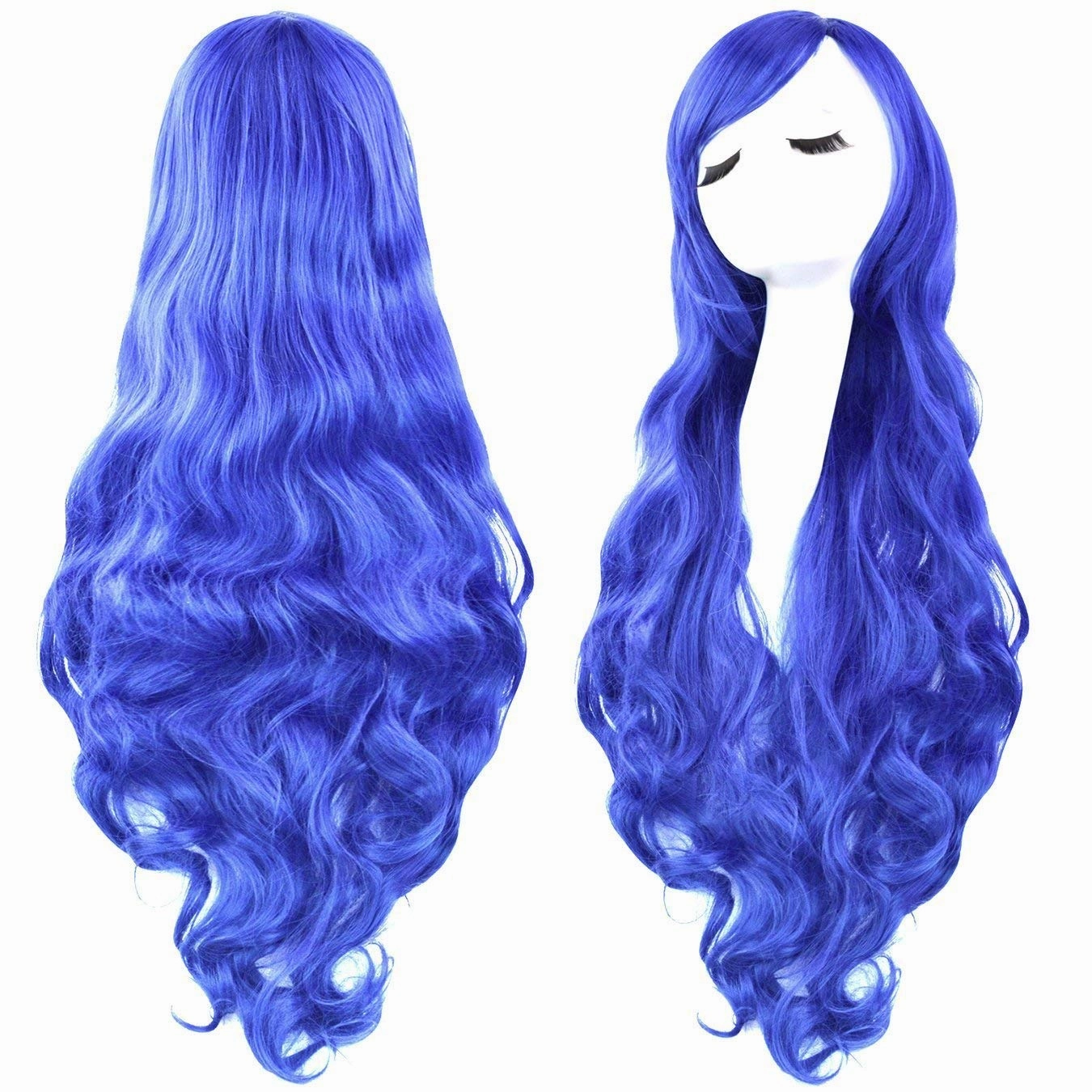 Rbenxia Curly Cosplay Wig Long Hair Heat Resistant Spiral Costume Wigs Anime Fashion Wavy Curly Cosplay Daily Party Blue 32" 80cm