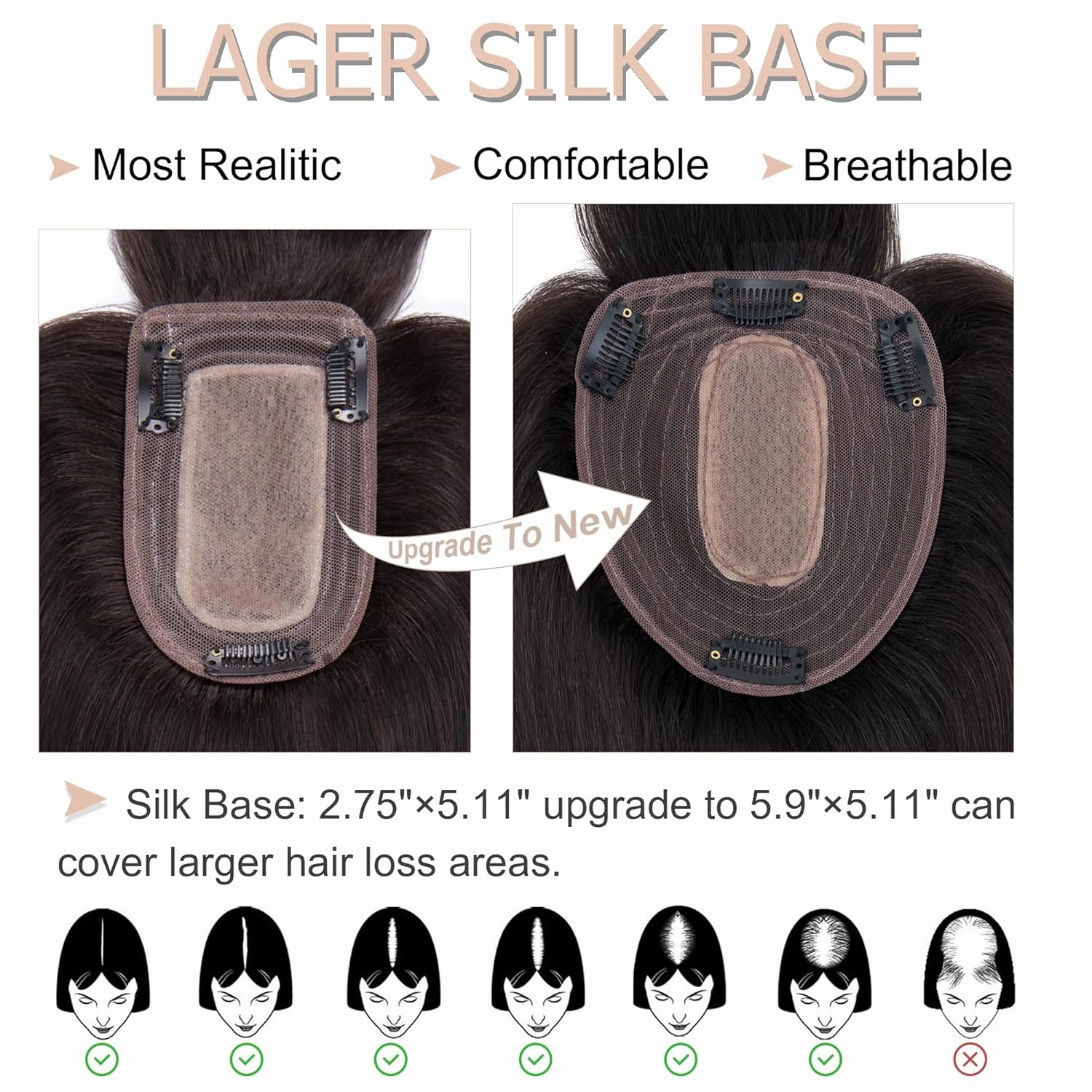 Real Human Hair Toppers for Women With Bangs - 13*15 cm Larger Silk Base, 150% Density Clip In Topper Hairpieces - 14 Inch Natural Black