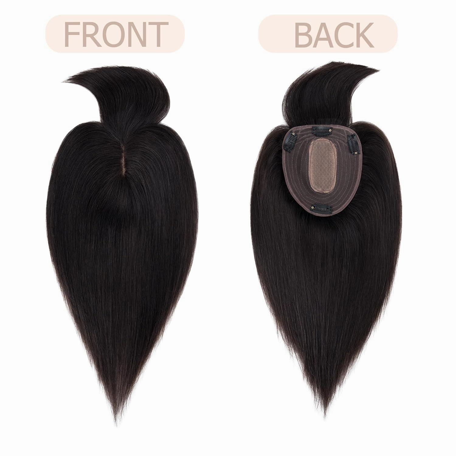 Real Human Hair Toppers for Women With Bangs - 13*15 cm Larger Silk Base, 150% Density Clip In Topper Hairpieces - 14 Inch Natural Black