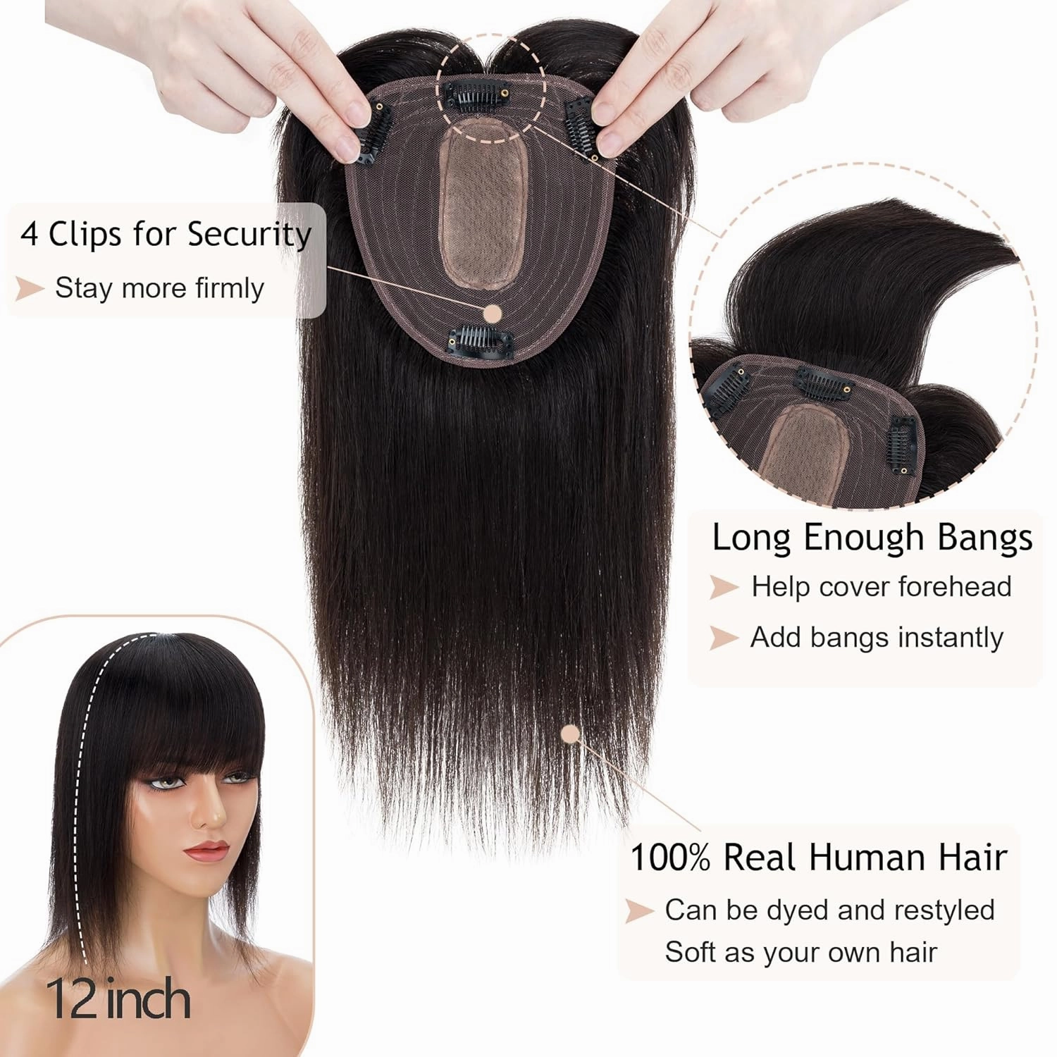 Real Human Hair Toppers for Women With Bangs - 13*15 cm Larger Silk Base, 150% Density Clip In Topper Hairpieces - 14 Inch Natural Black