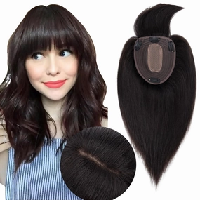 Real Human Hair Toppers for Women With Bangs - 13*15 cm Larger Silk Base, 150% Density Clip In Topper Hairpieces - 14 Inch Natural Black
