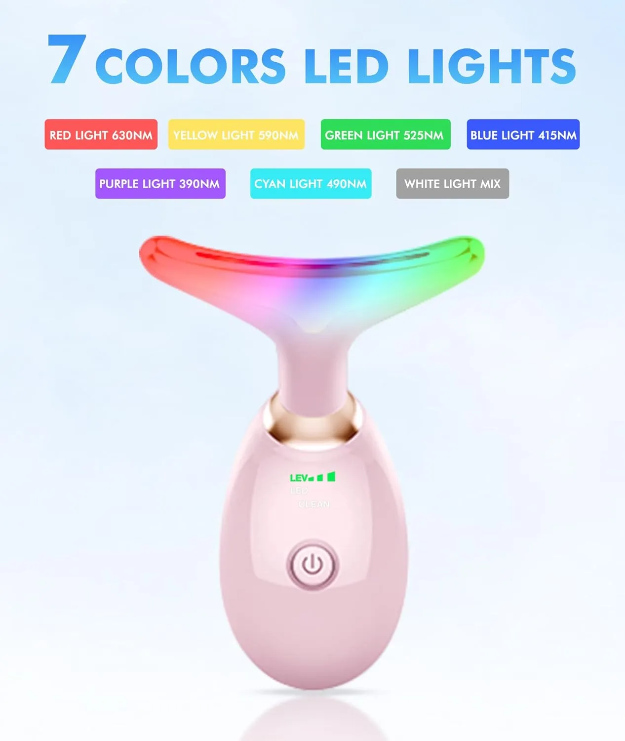 Red-Light-Therapy-for-Face-and-Neck, 7 Color Face Massager Tool for Wrinkles, Double Chin, Vibrating Facial Massager with Thermals for Skin Care, Glossy Pink