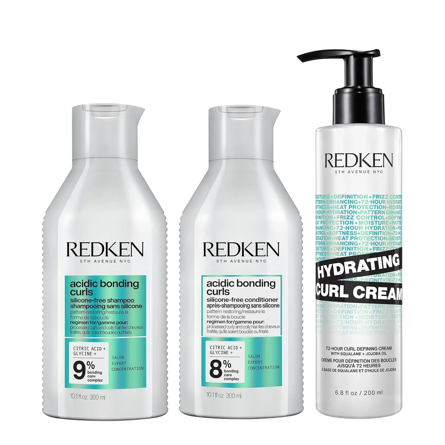 REDKEN Acidic Bonding Curls Shampoo, Conditioner & Hydrating Curl Cream Set For Coily and Curly Hair - Curl Control   Definition, With Citric Acid, Avocado Oil and Shea Butter, Silicone-Free