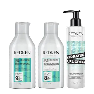 REDKEN Acidic Bonding Curls Shampoo, Conditioner & Hydrating Curl Cream Set For Coily and Curly Hair - Curl Control   Definition, With Citric Acid, Avocado Oil and Shea Butter, Silicone-Free